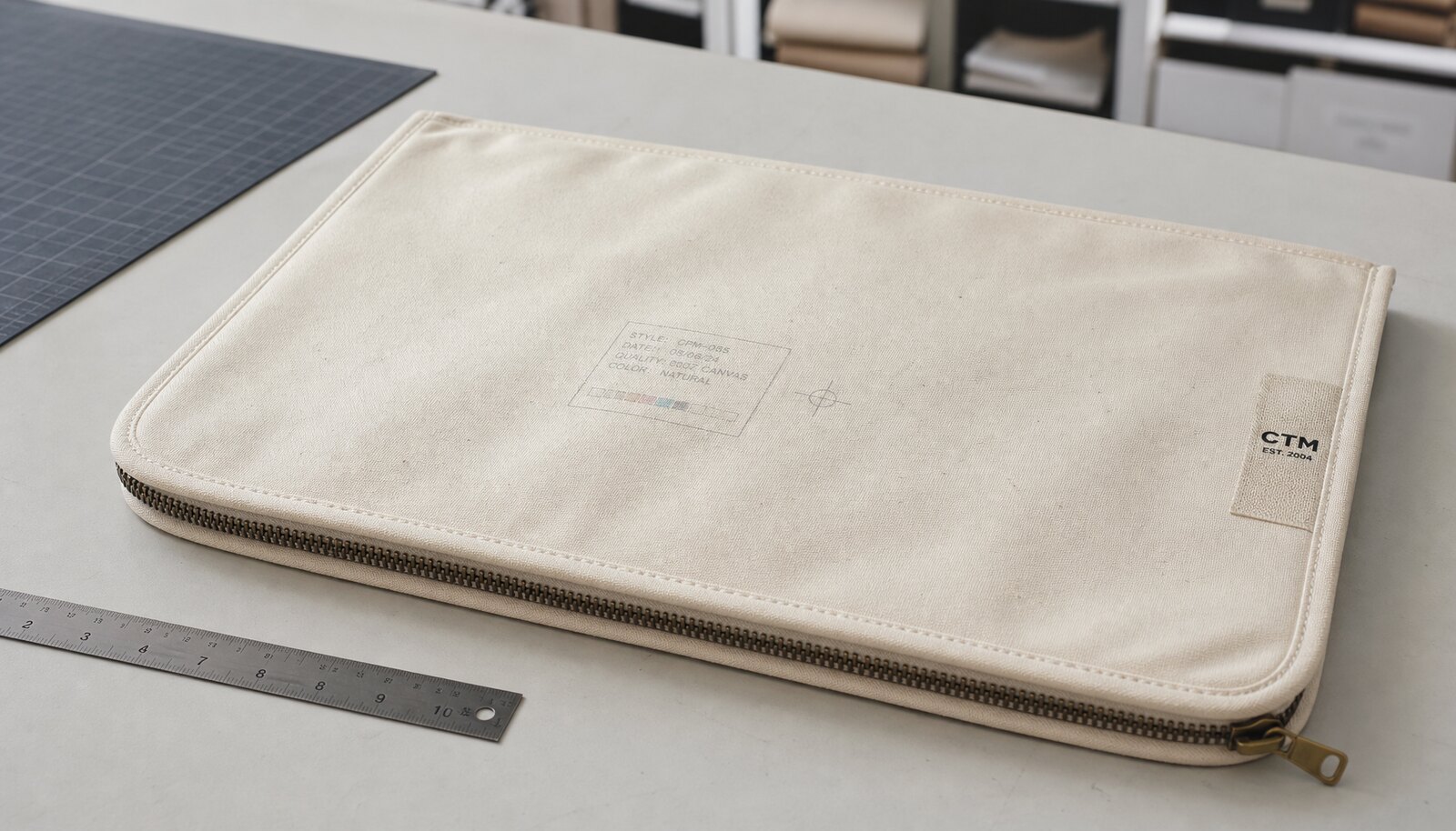 Canvas zipper portfolio with a simple CTM side label in a factory sample room