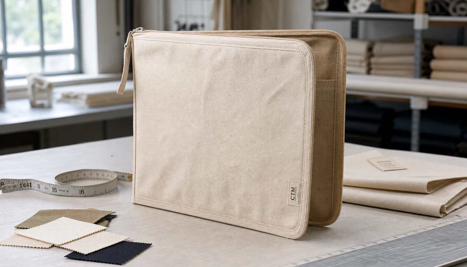 Canvas zipper portfolio sample with CTM/CottonToMaker woven side label in a factory sample room