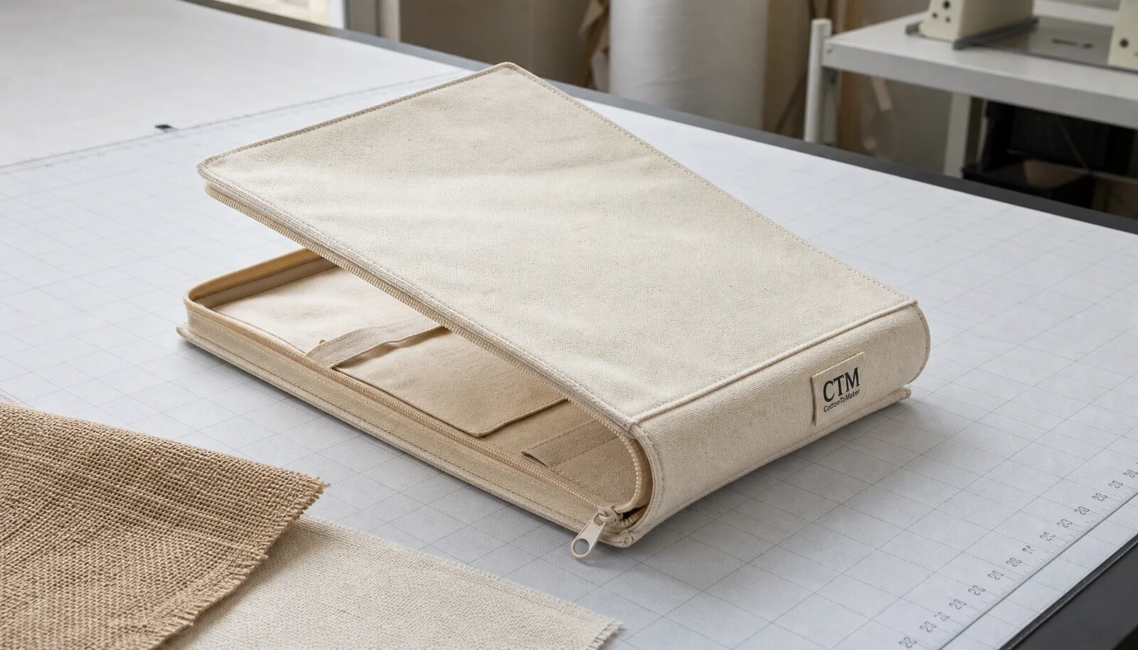 Canvas zipper portfolio sample with CTM logo in a factory sample room