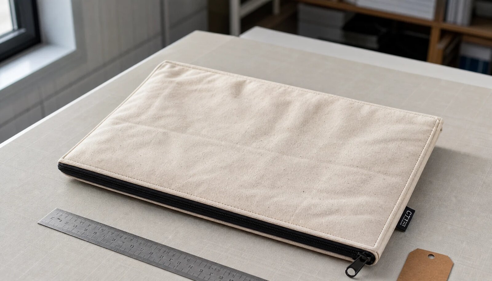 Photorealistic canvas zipper portfolio with a CTM CottonToMaker sample logo in a clean factory sample room