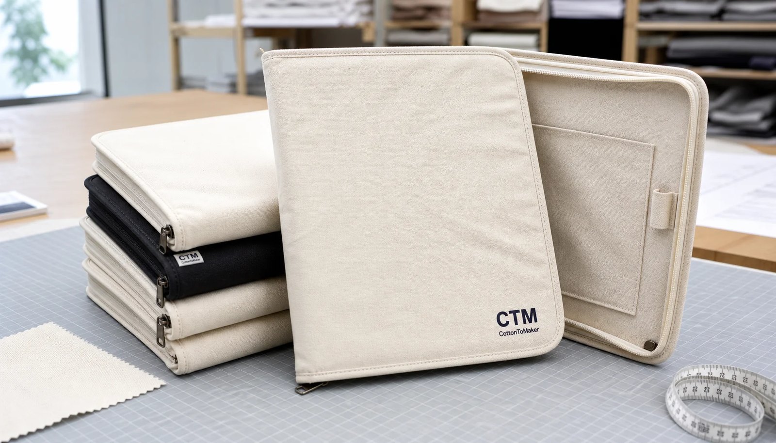 Natural canvas zipper portfolios with CTM sample logo for university bookstore bulk orders