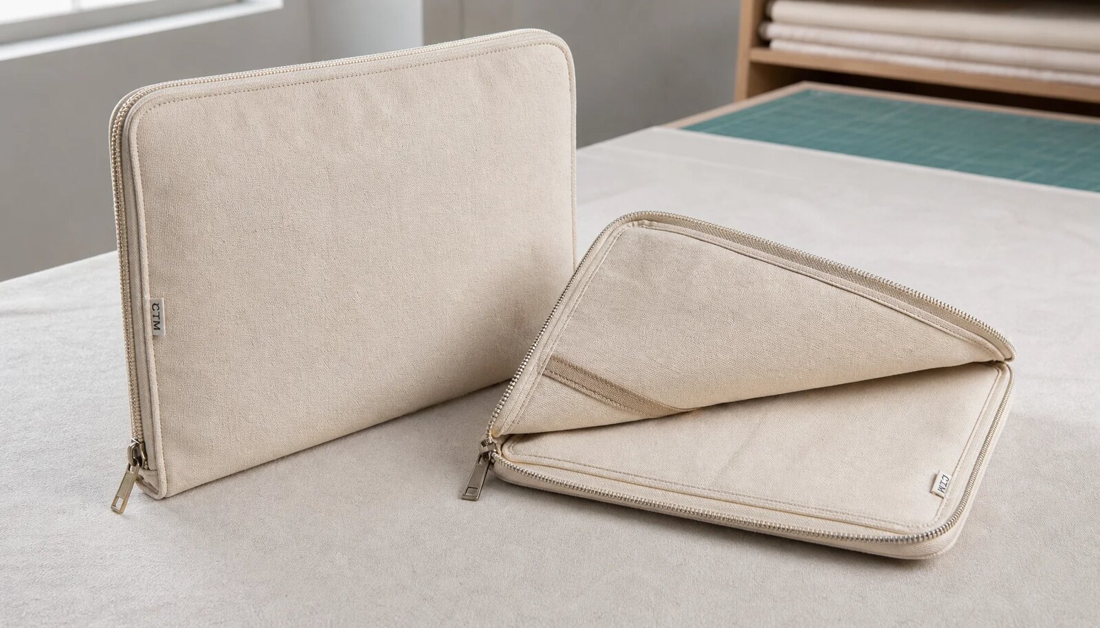 Photorealistic canvas zipper portfolios with a small sewn CTM sample label in a clean factory sample room
