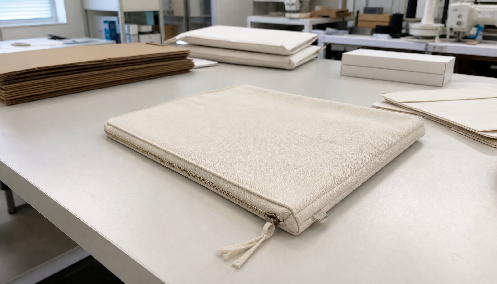 Canvas zipper portfolio sample with CTM logo in a clean factory sample room