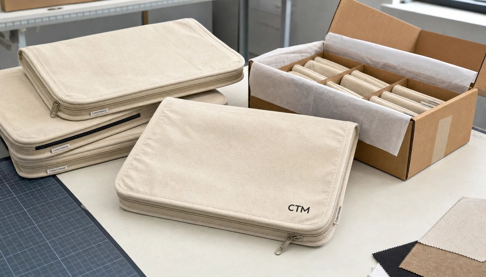 Canvas zipper portfolios with CTM logo packed beside an export carton in a factory sample room