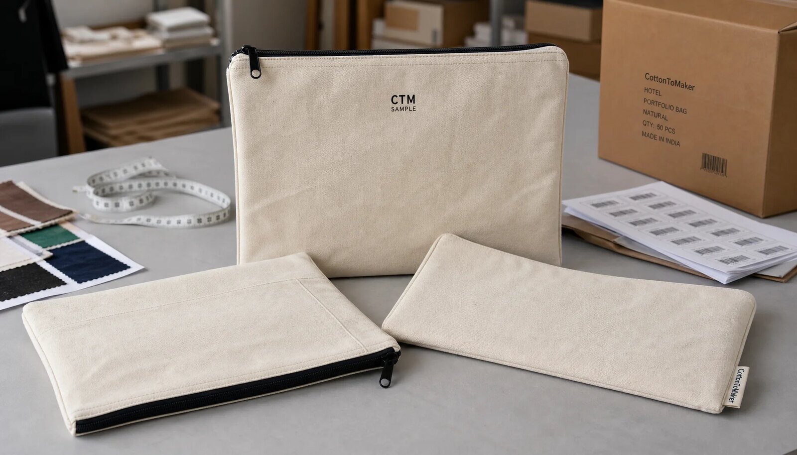 Canvas zipper portfolios with sample logo, zipper details, barcode label, and carton packing review in a factory sample room
