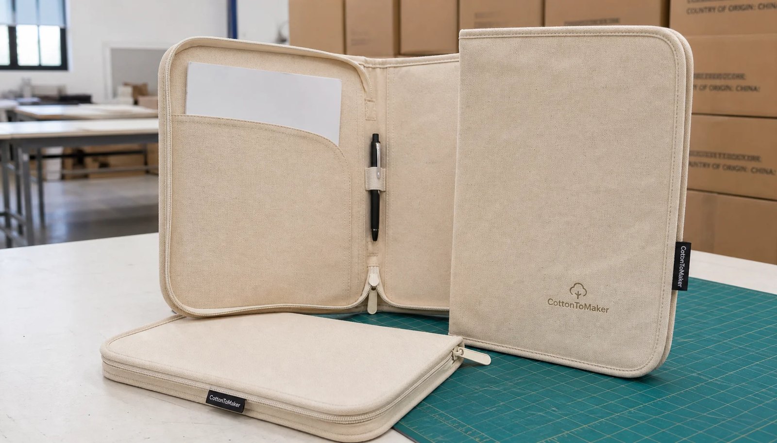 Canvas zipper portfolios with CTM woven label, CottonToMaker front print, and export carton packing in a sample room