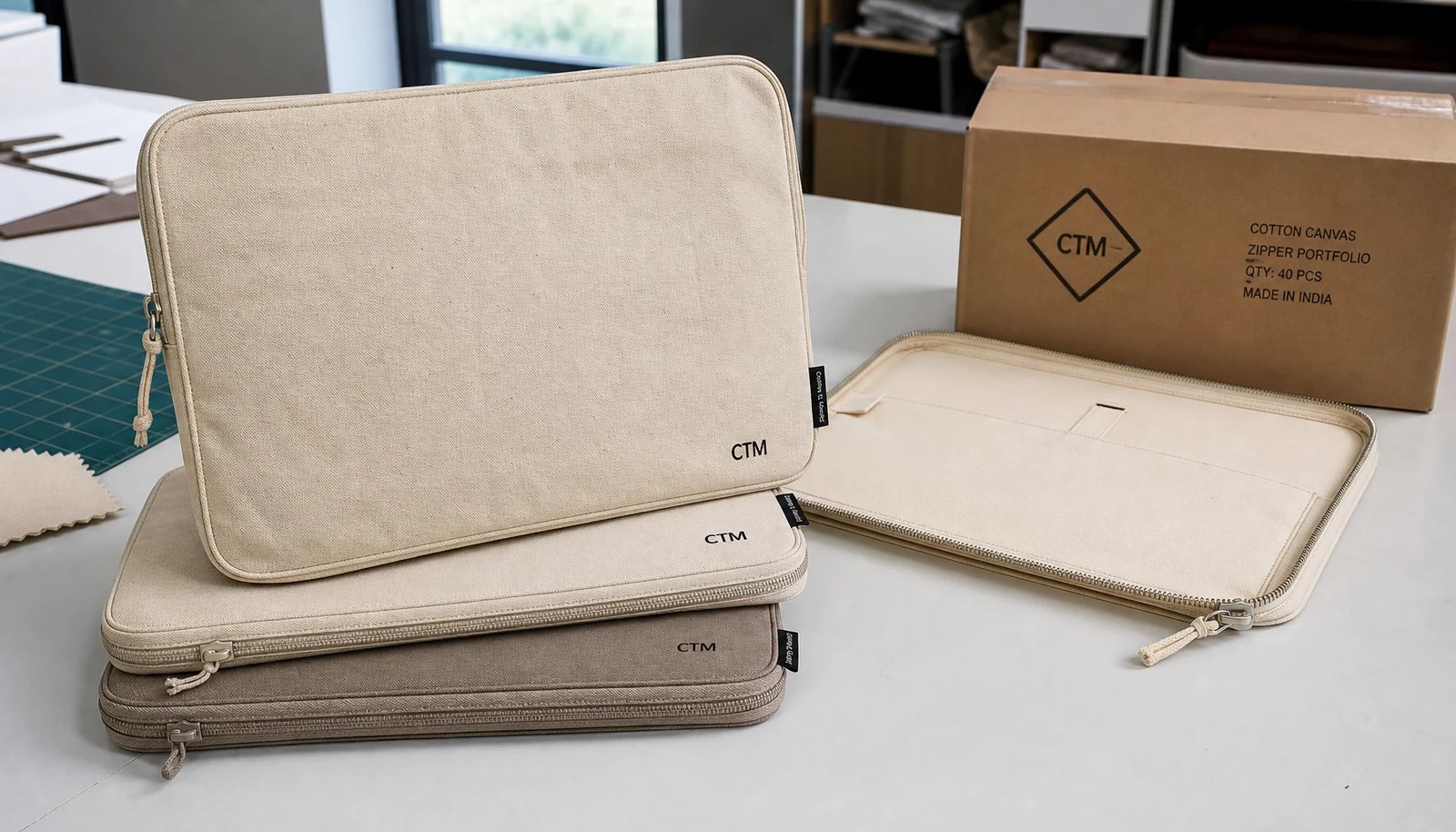 Natural canvas zipper portfolios with CTM logo, zipper details, stitching, and sample carton in a factory sample room