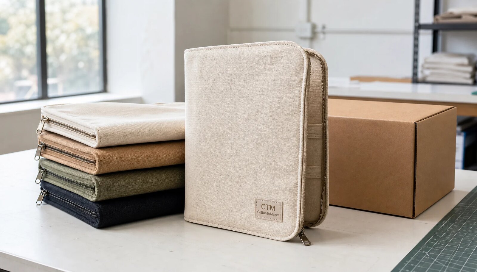 Photorealistic canvas zipper portfolios in a factory sample room with zipper detail and a simple CTM sample logo on a sewn side label.