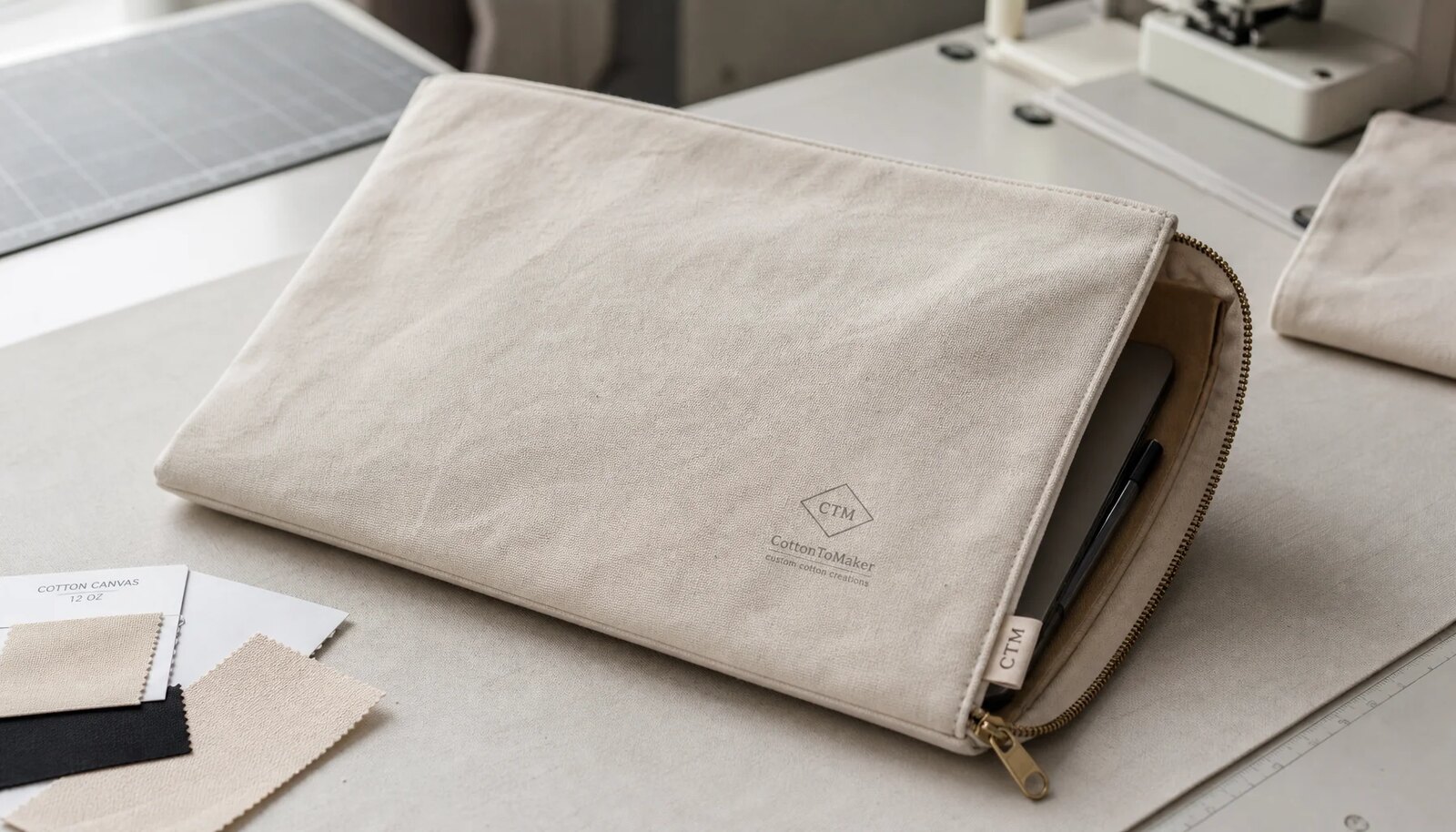 Natural canvas zipper portfolio with CTM sample logo on front panel and stitched side label