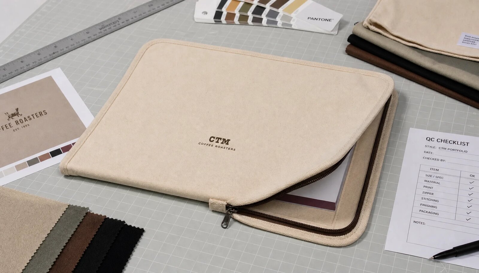 Natural canvas zipper portfolio with printed logo proof and QC checklist for coffee roaster sourcing