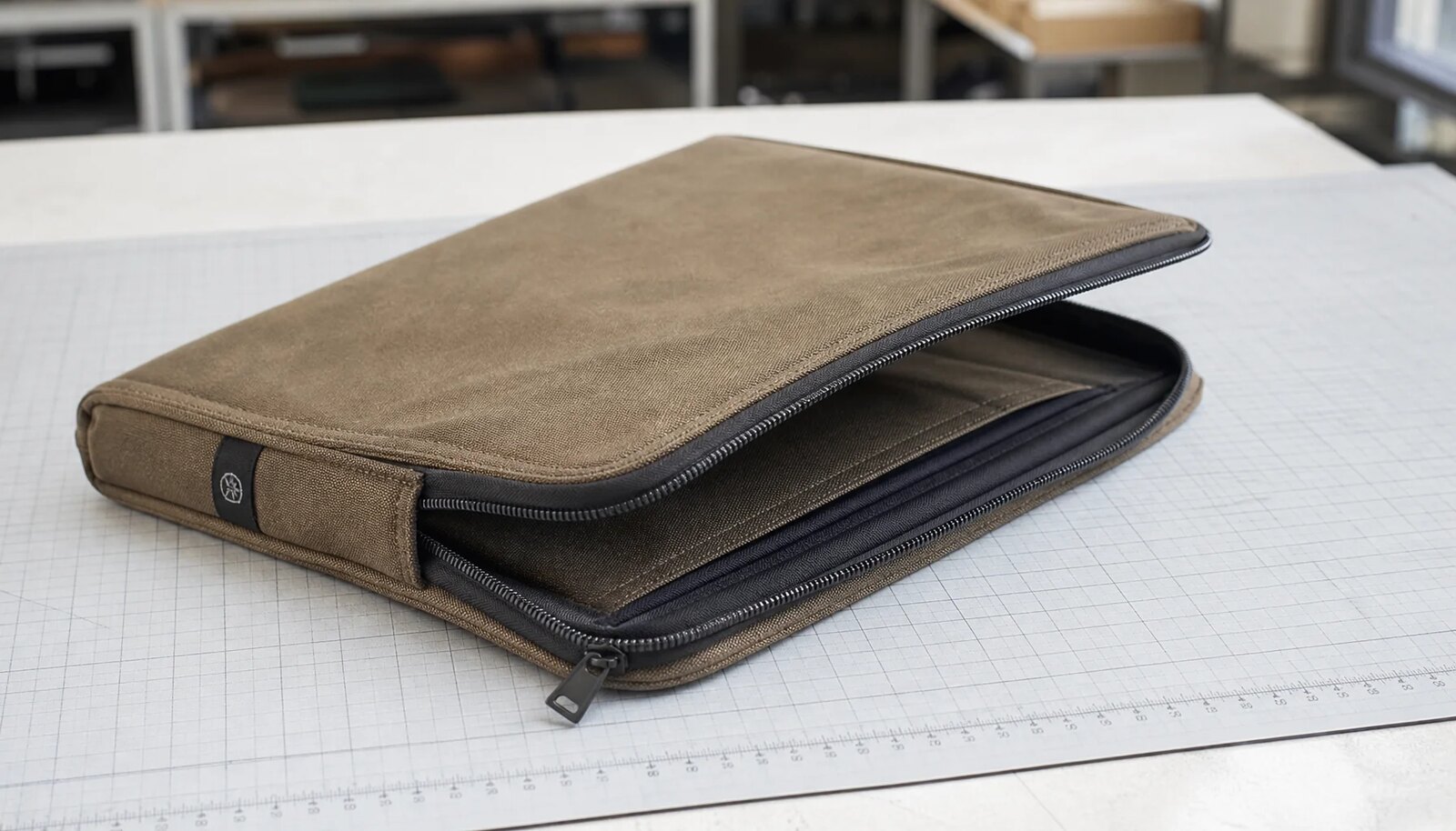 Canvas zipper portfolio with a CTM sample label photographed in a clean factory sample room.