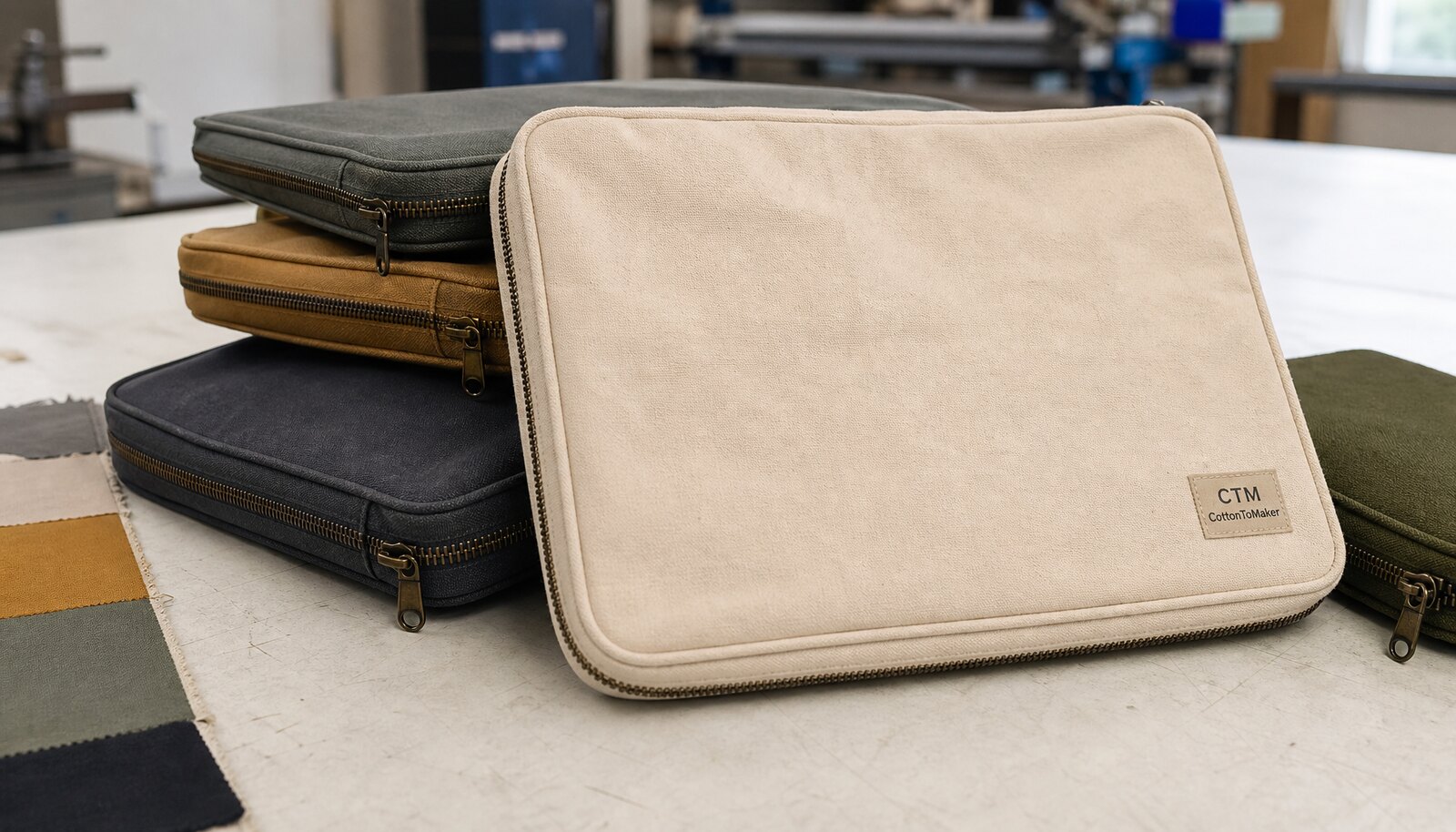 Canvas zipper portfolios with a simple CTM/CottonToMaker side label in a factory sample room