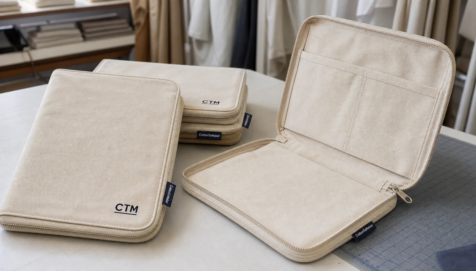 Natural canvas zipper portfolios with CTM logo and stitched CottonToMaker side label in a clean sample room
