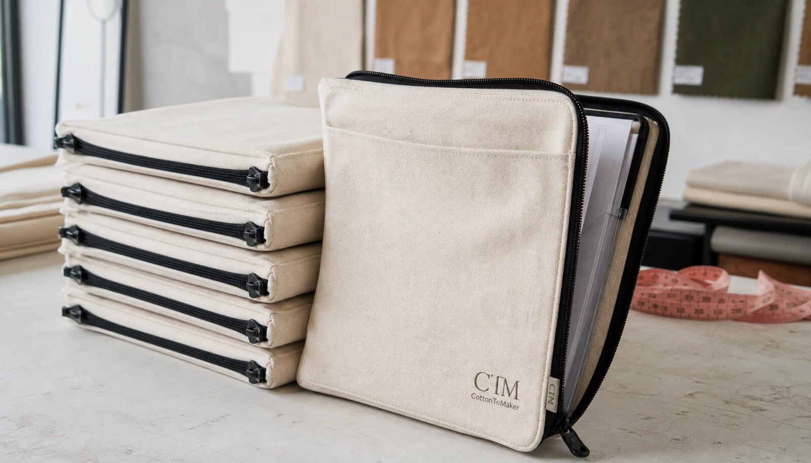 Natural canvas zipper portfolio sample with CTM logo on a clean sample room table