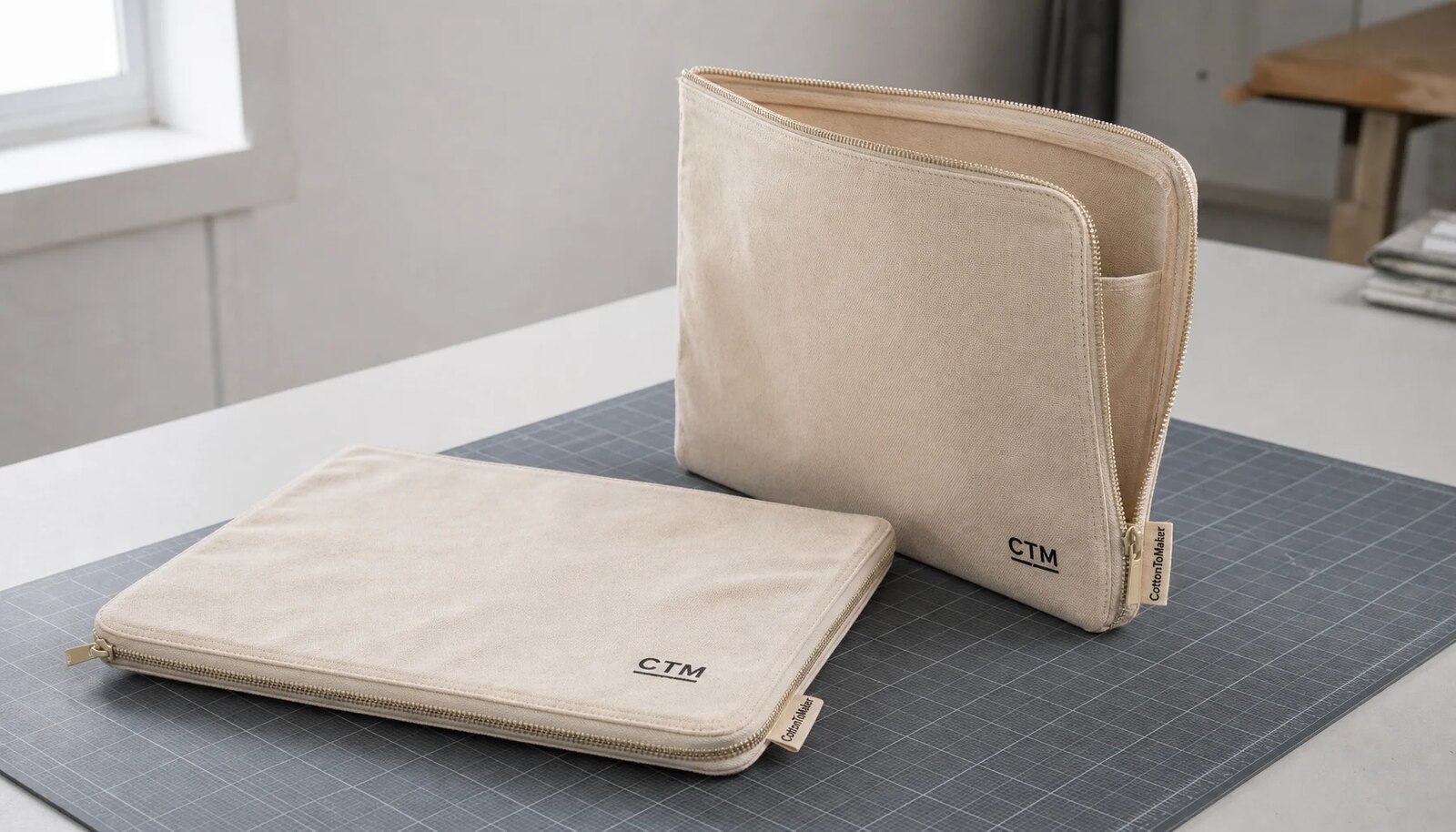 Natural canvas zipper portfolios with CTM logo placement sample and woven CottonToMaker side label