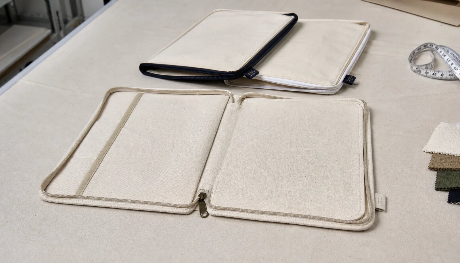 Natural canvas zipper portfolios with CTM woven side label for craft fair buyer sampling