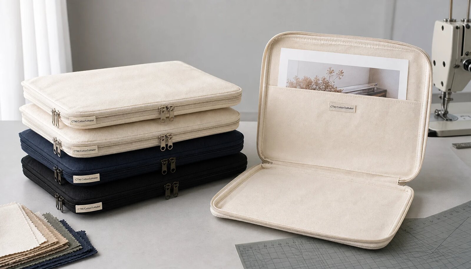 Canvas zipper portfolios with CTM CottonToMaker woven side label in a clean studio sample setting