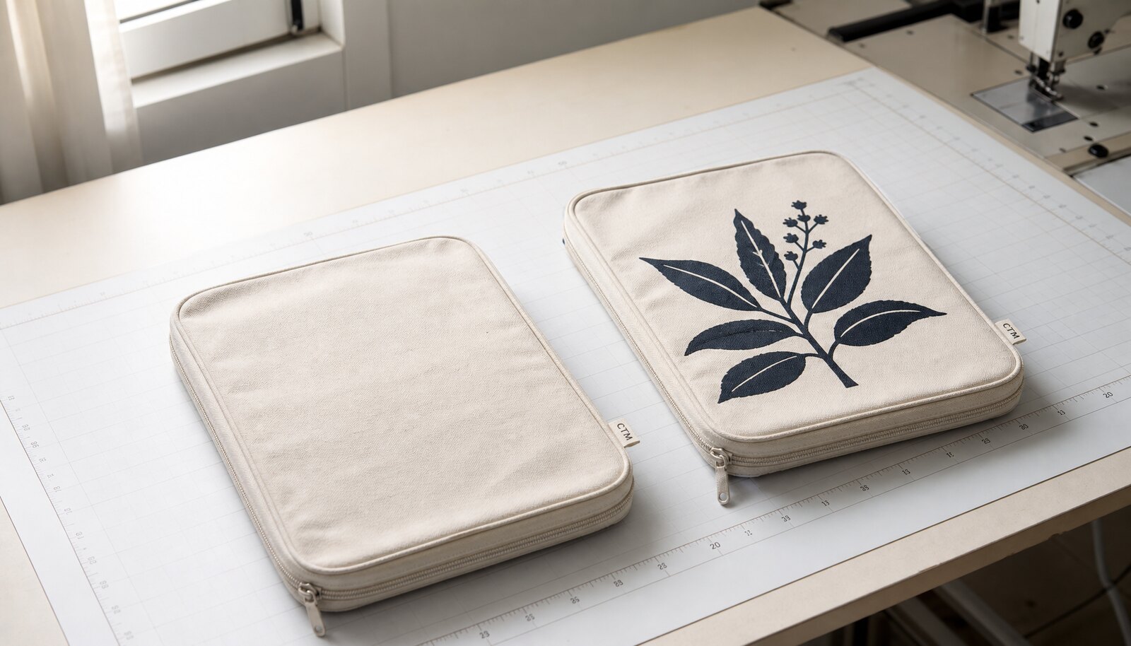 Canvas zipper portfolio with CTM CottonToMaker woven label in a factory sample room
