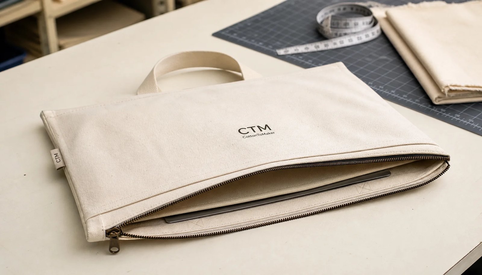 Natural canvas zipper portfolio with CTM sample logo, zipper, handle, and reinforced stitching for trade show buyers