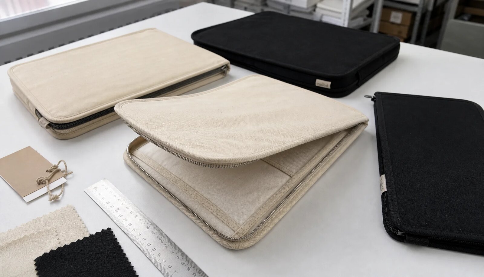 Canvas zipper portfolios with CTM sample label shown in a factory sample room for material comparison