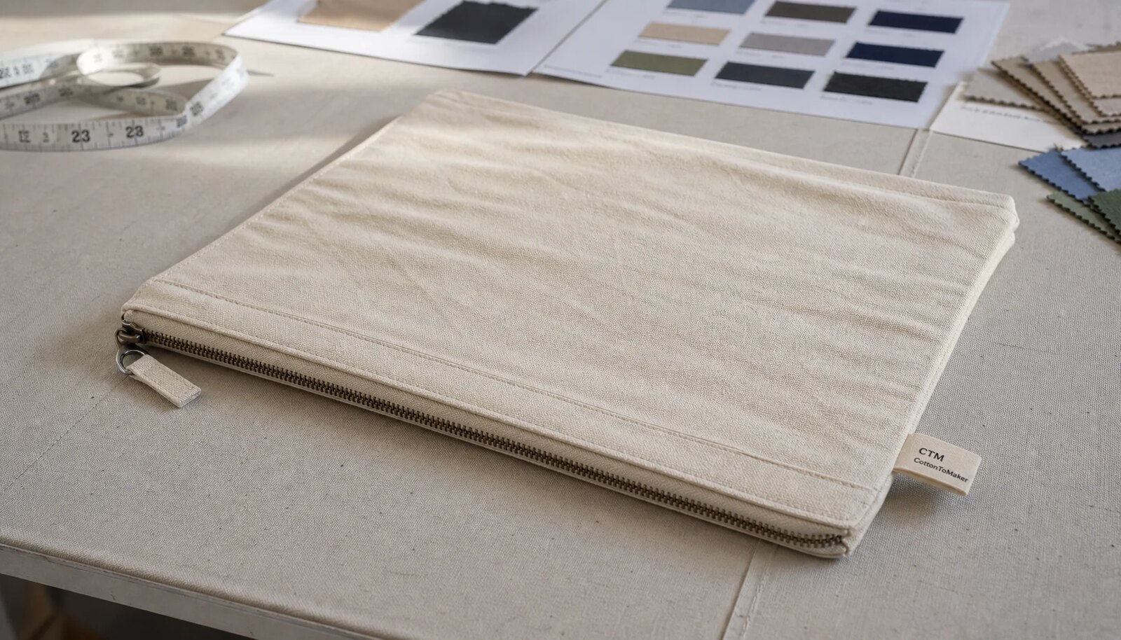 Canvas zipper portfolio with a stitched CTM CottonToMaker side label photographed in a clean factory sample room