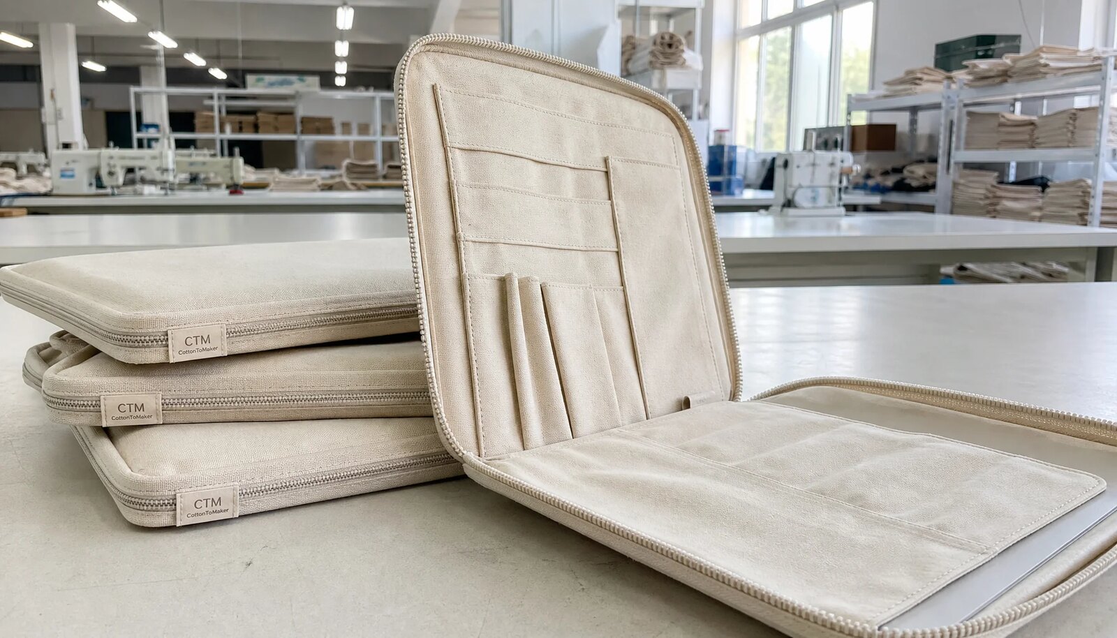 Canvas zipper portfolio with CottonToMaker side label shown open in a factory sample room