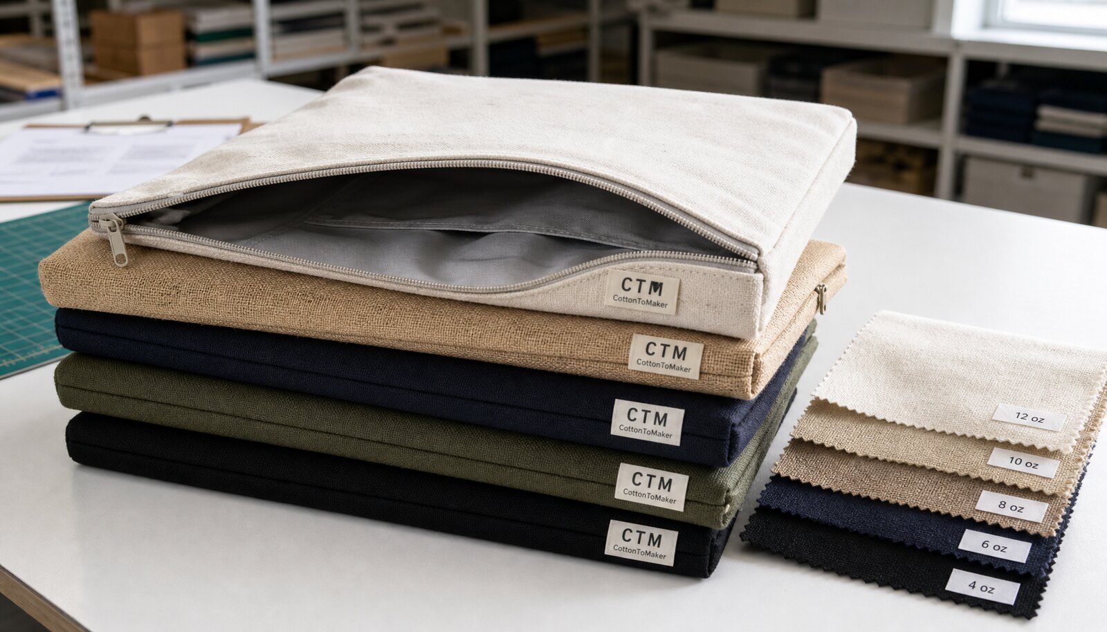 Canvas zipper portfolios with a stitched CTM side label in a factory sample room