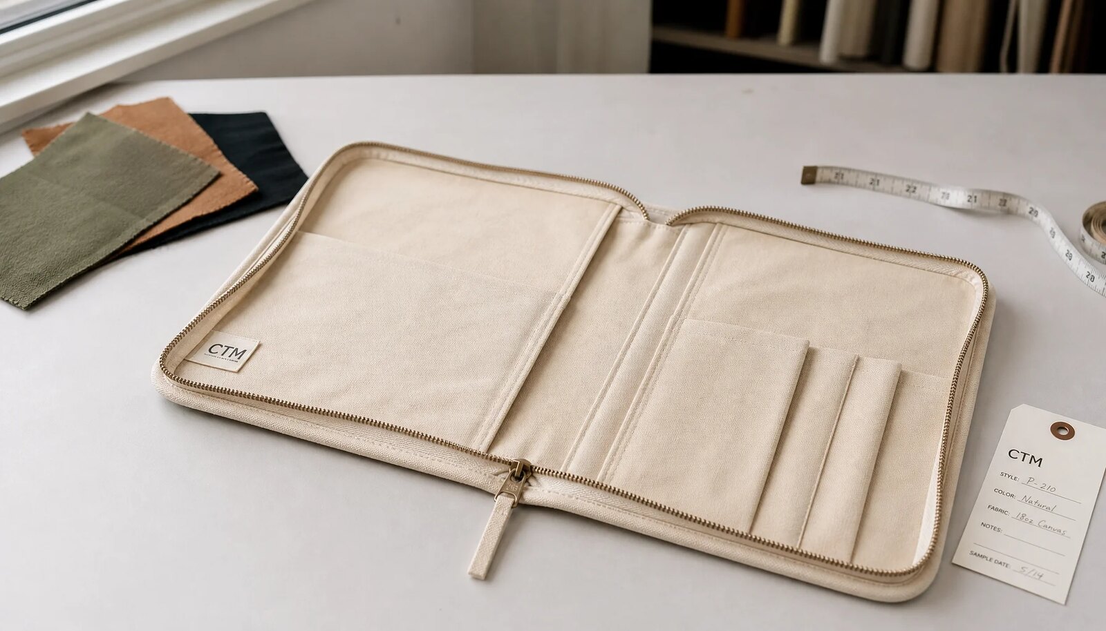 Canvas zipper portfolio with a CTM woven side label in a clean factory sample room.