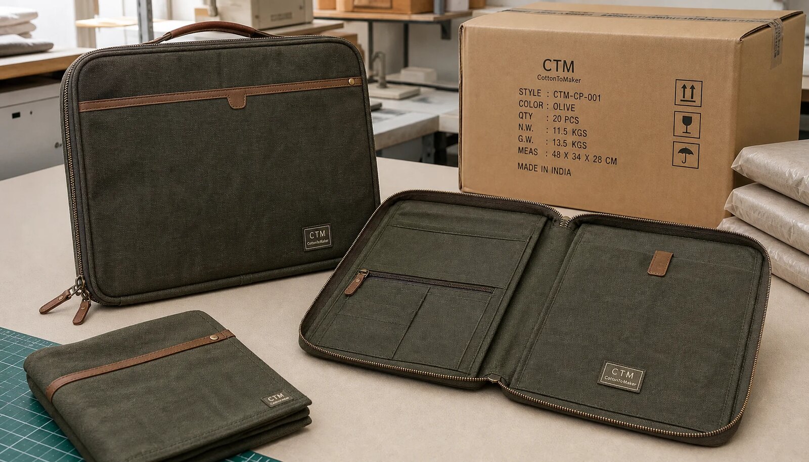 Canvas zipper portfolios with a CTM sample logo beside labeled export cartons in a factory sample room.