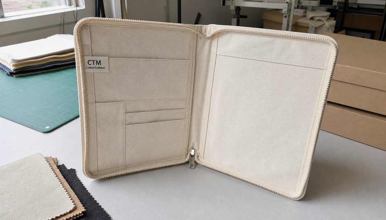 Natural canvas zipper portfolio with a woven CTM side label in a factory sample room