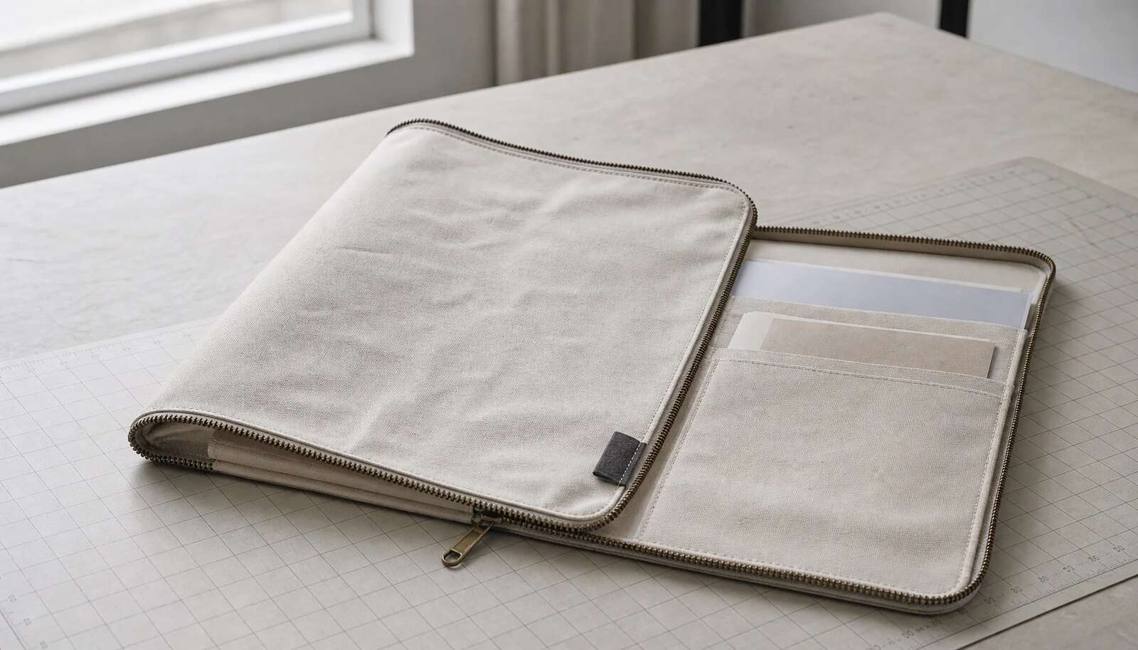 Photorealistic canvas zipper portfolio with a sewn CottonToMaker sample label in a factory sample room
