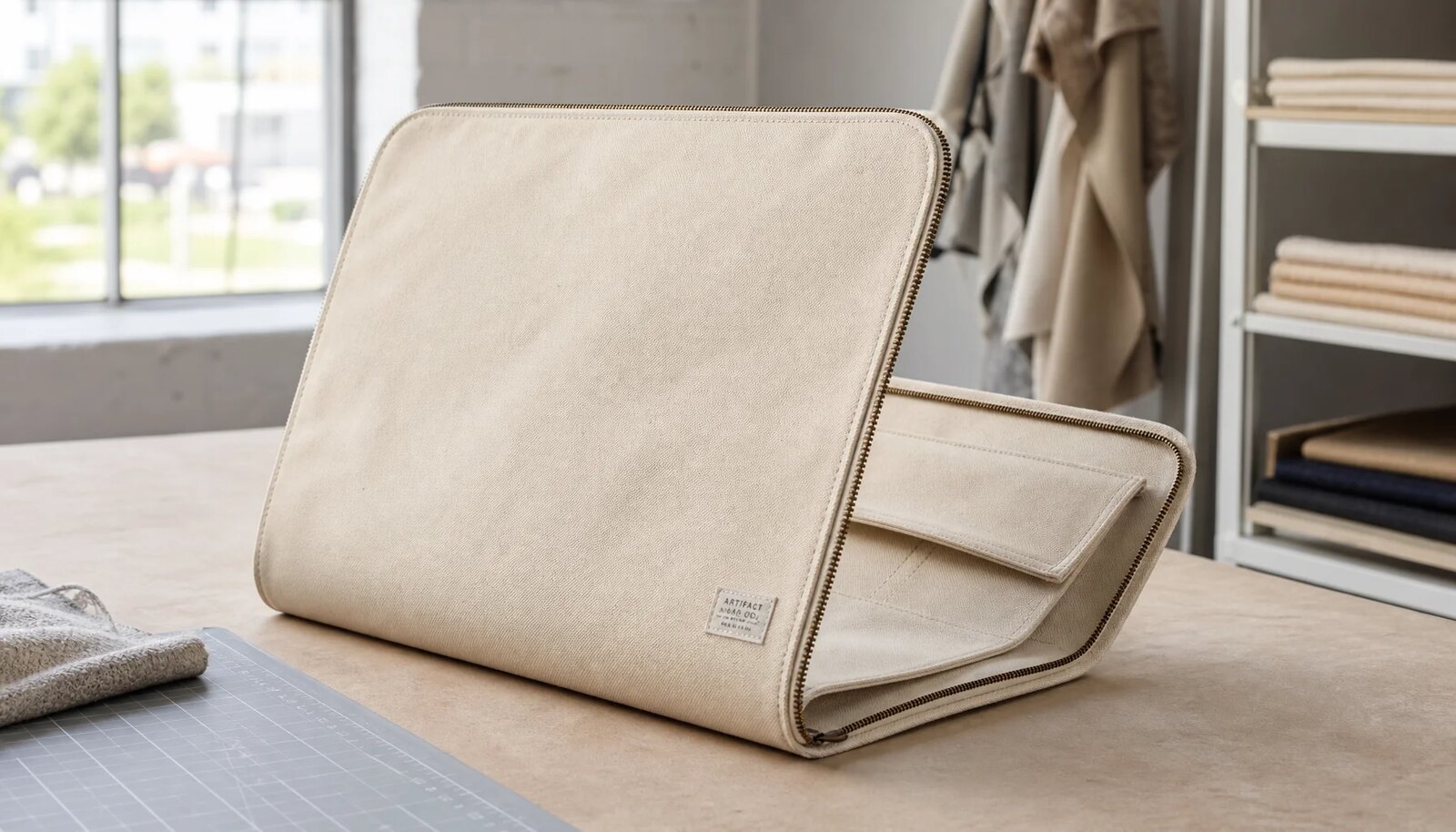 Photorealistic canvas zipper portfolio with a CTM sample logo in a factory sample room