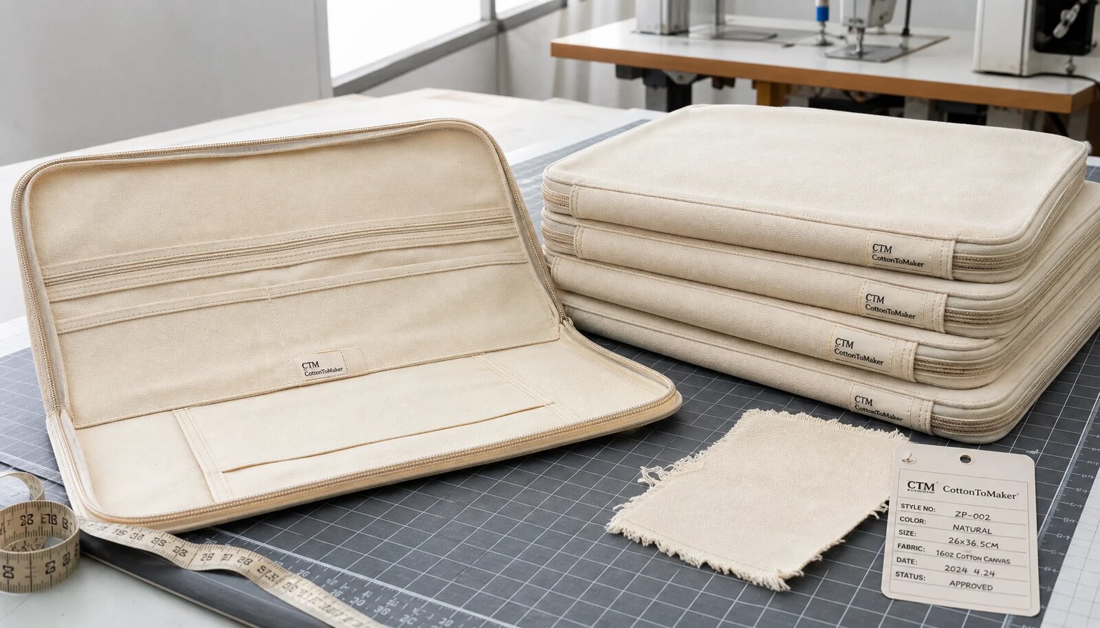 Canvas zipper portfolio with CTM CottonToMaker sample label, zipper detail, and measurement tag in a factory sample room.