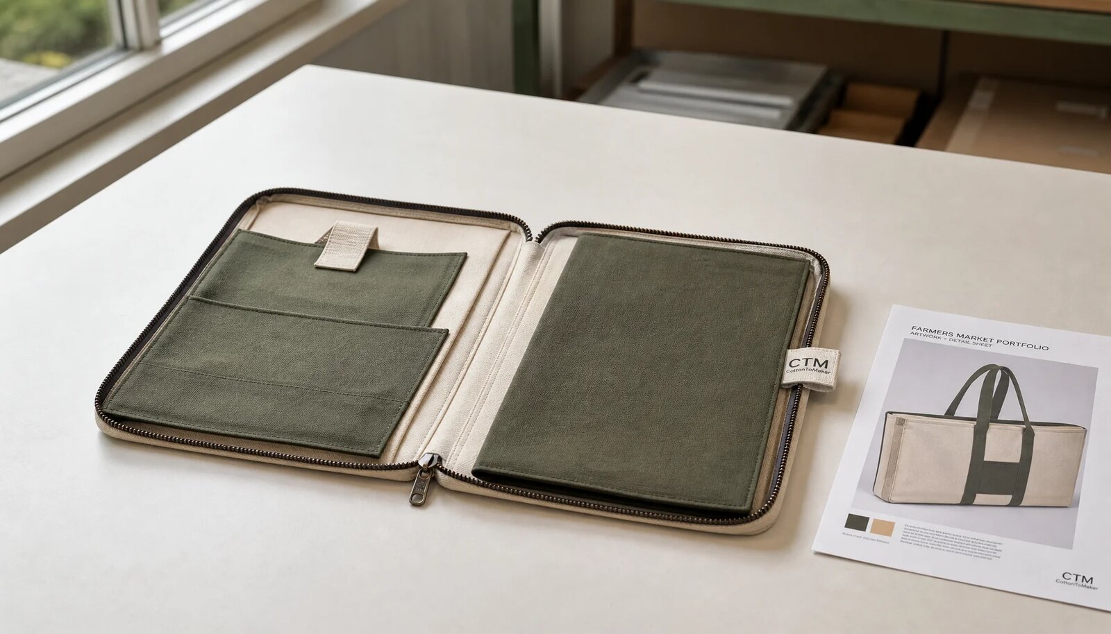 Canvas zipper portfolio sample with CottonToMaker side label in a factory sample room