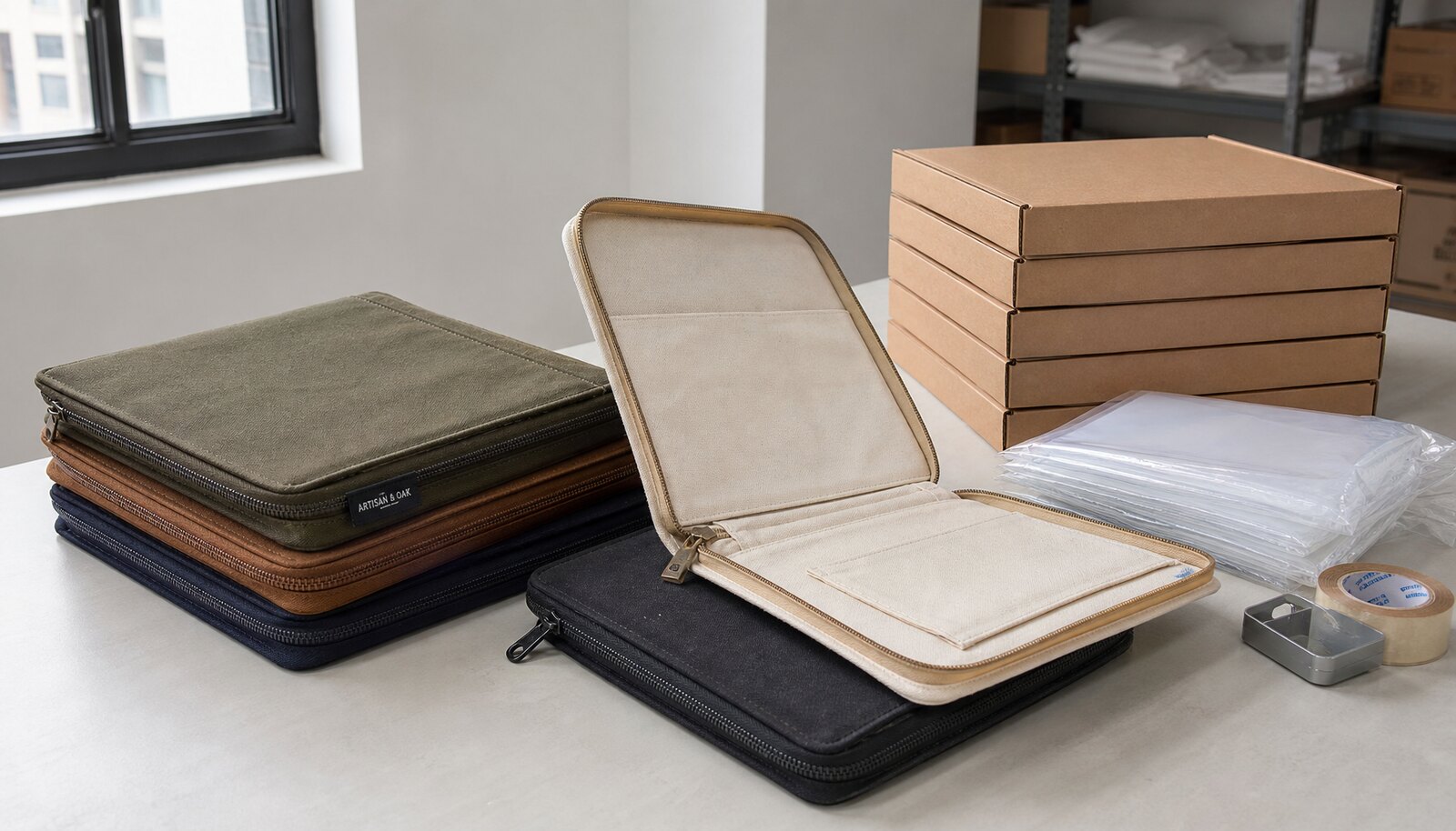 Canvas zipper portfolios with a visible CTM sample label in a factory sample room beside export carton packing materials