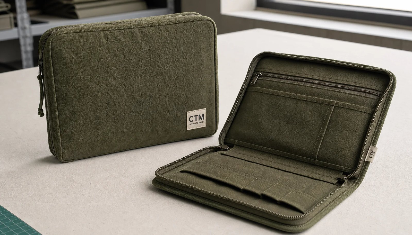 Canvas zipper portfolios with a CTM sample logo shown in a clean factory sample-room product photo