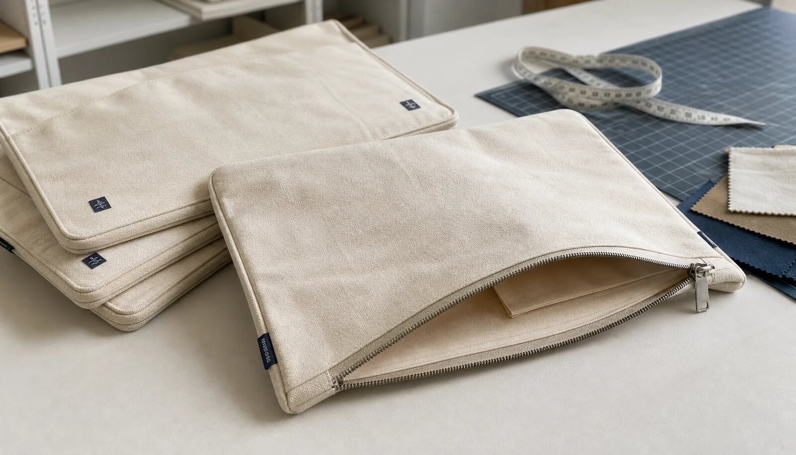 Natural canvas zipper portfolios with CTM sample logo, zipper detail, and stitched side label on a factory sample room table