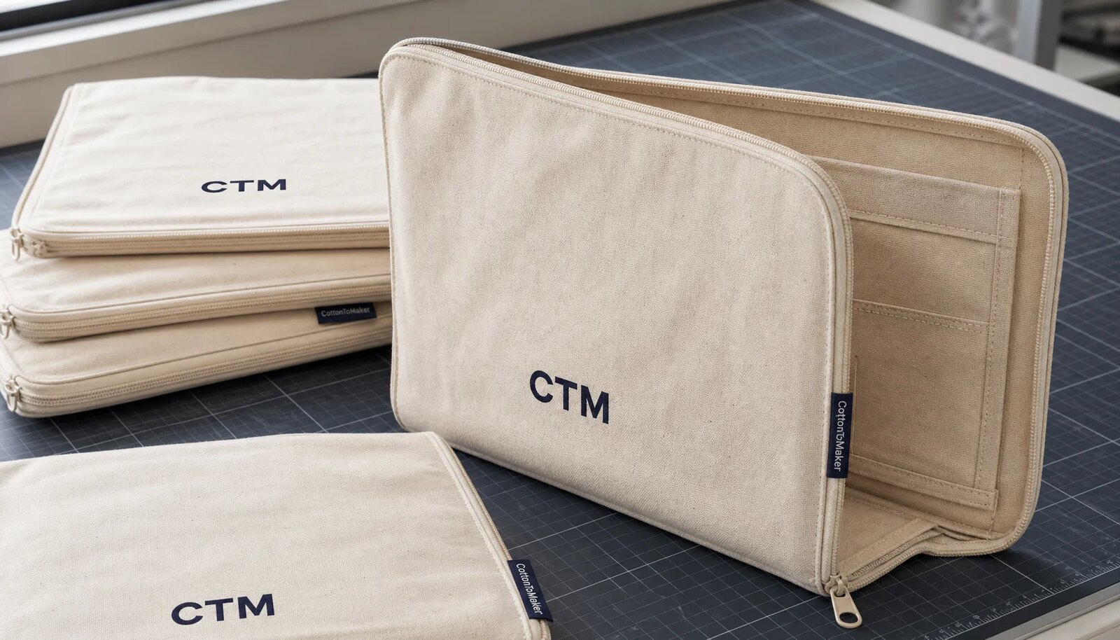 Natural canvas zipper portfolios with CTM logo on a factory sample room table
