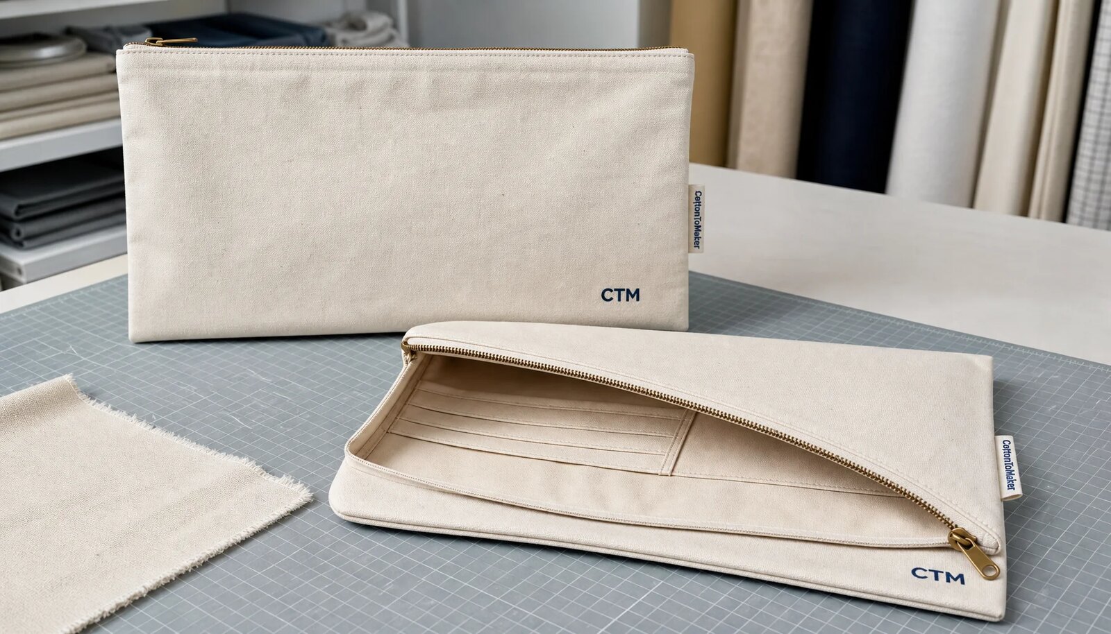Natural canvas zipper portfolios with CTM logo in a factory sample room