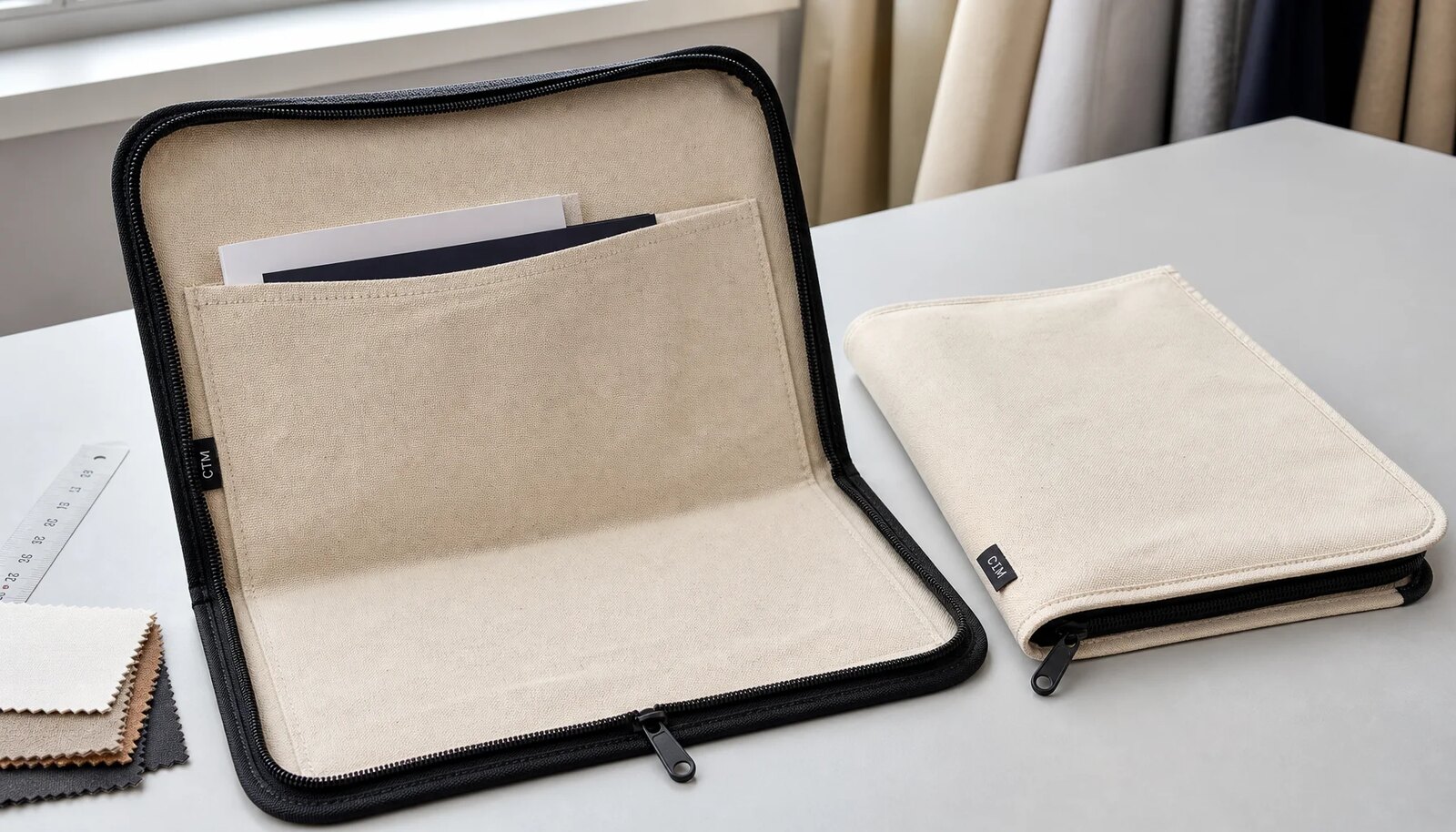Natural canvas zipper portfolio sample with CTM side label for hotel retail material review