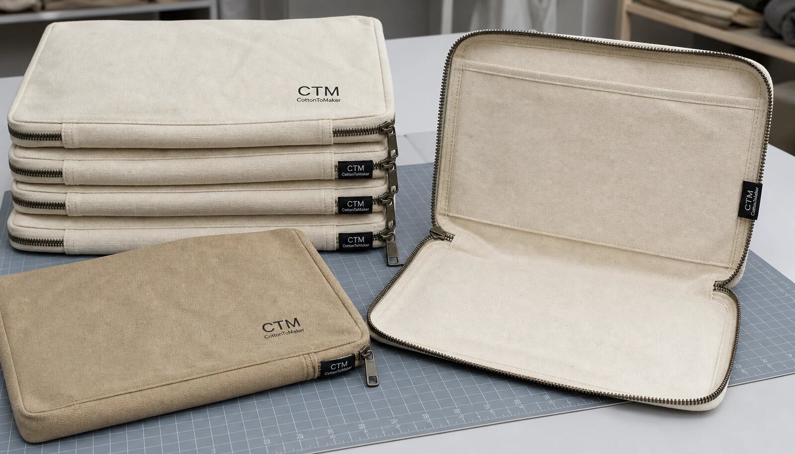 Natural canvas zipper portfolios with CTM logo and woven side label in a clean sample room