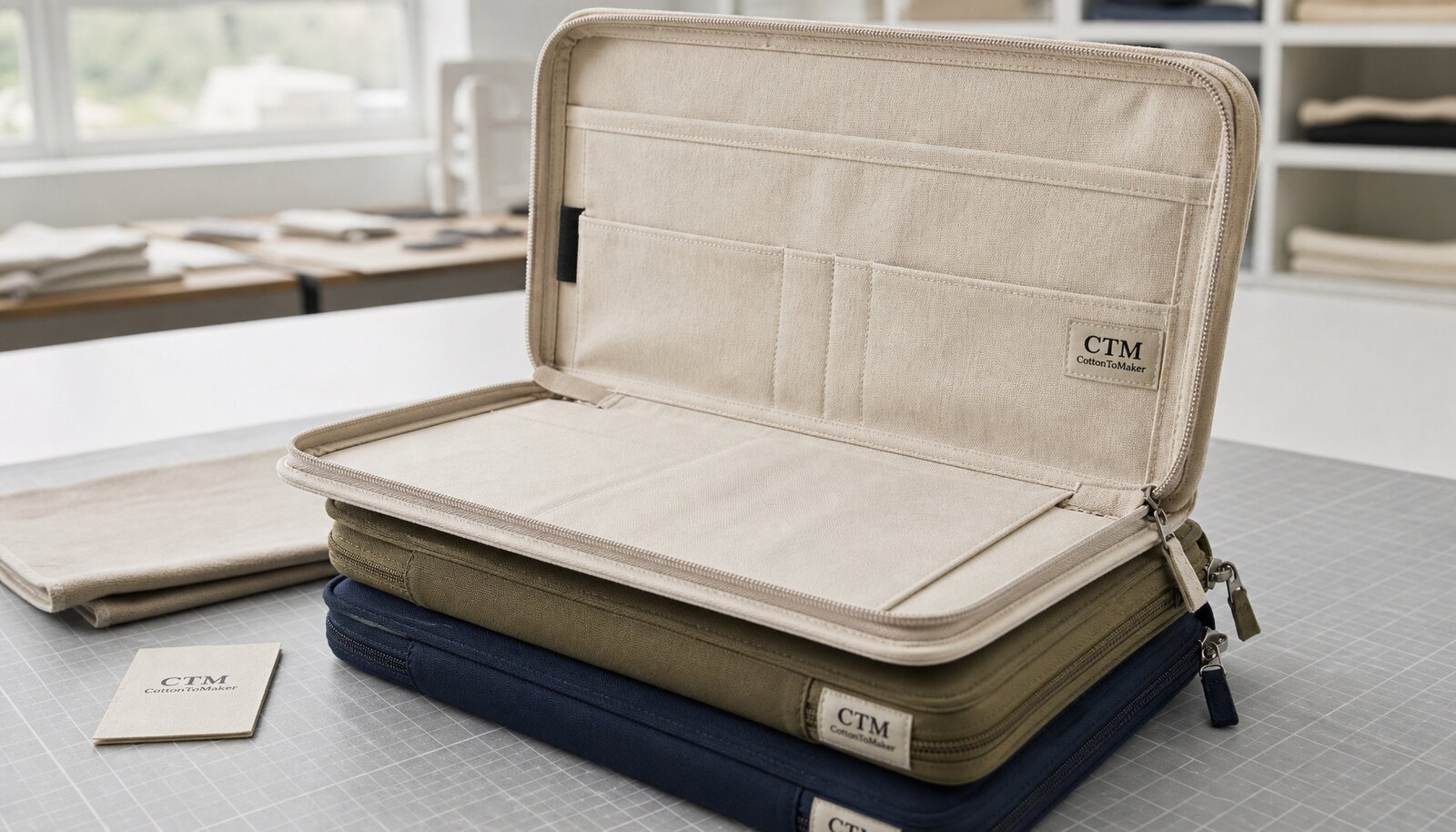 Canvas zipper portfolios with CTM side label, zipper track, lining, and interior document pocket in a factory sample room