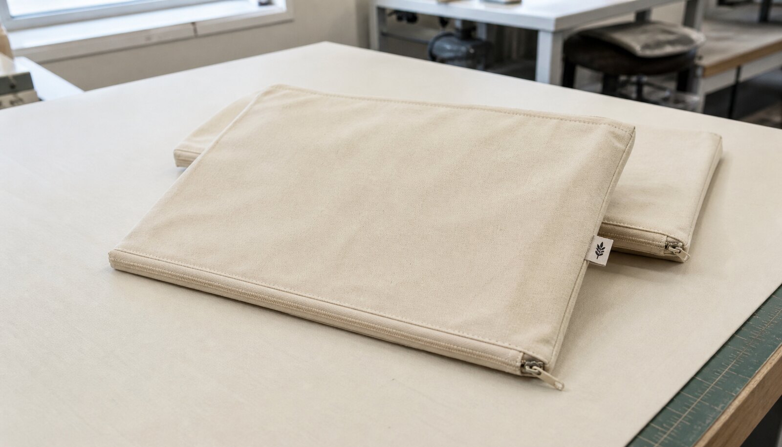 Canvas zipper portfolio with a CottonToMaker sample logo shown in a factory sample room.