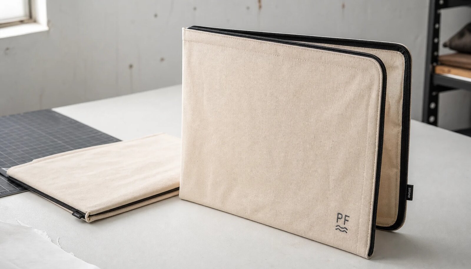 Natural canvas zipper portfolios with CTM logo printed on the front panel in a clean studio sample room