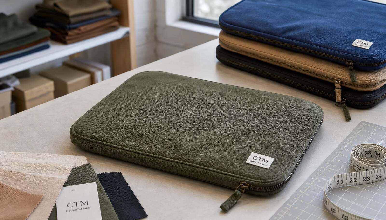 Canvas zipper portfolio with a simple CTM/CottonToMaker logo on a factory sample room table