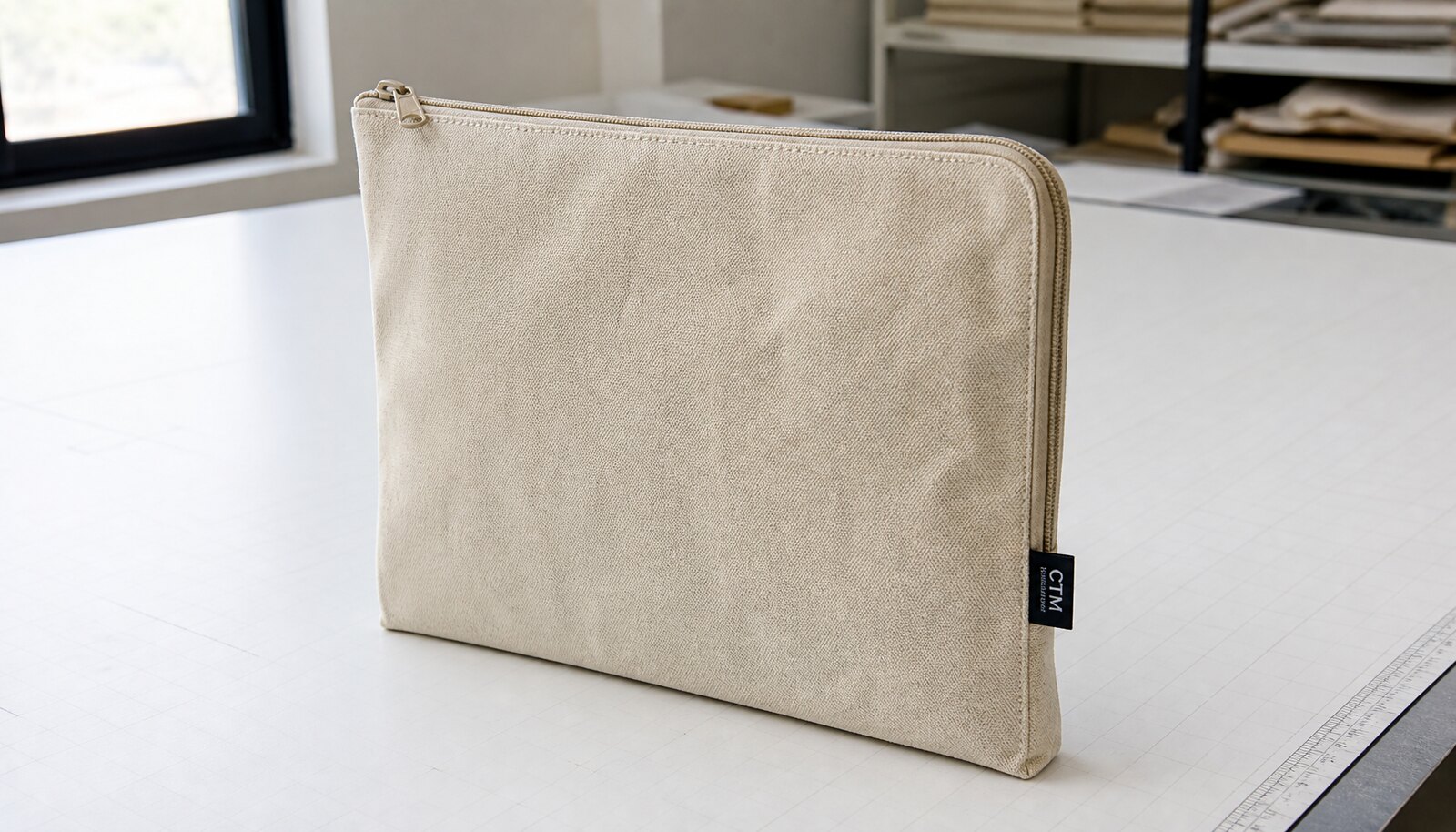 Photorealistic canvas zipper portfolio with a CTM sample logo in a clean factory sample room