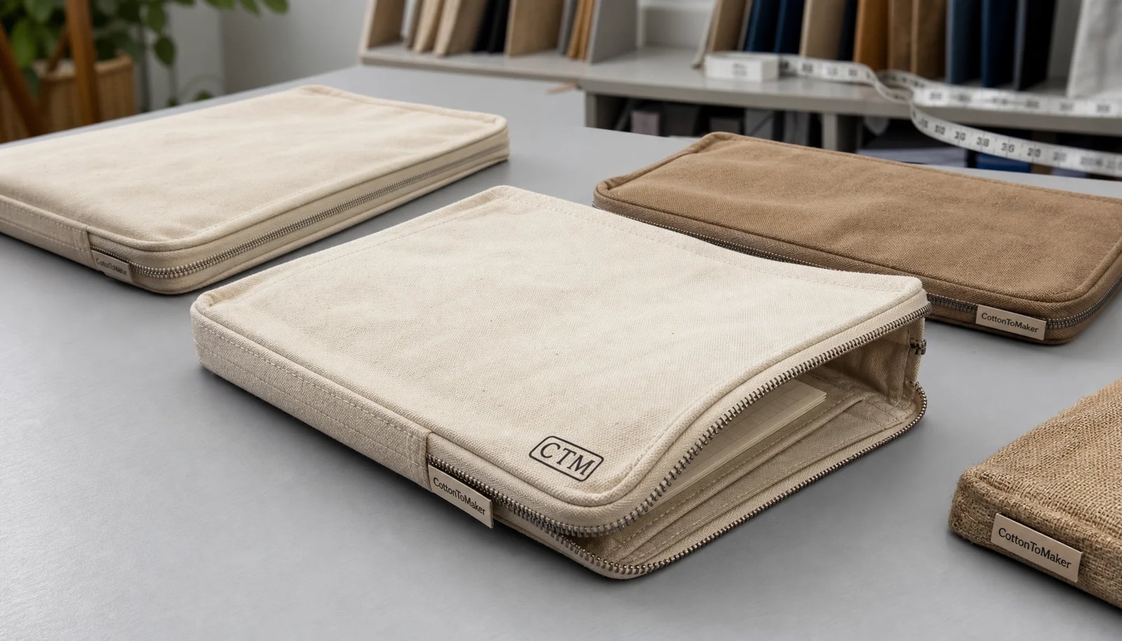 Natural canvas zipper portfolio with CTM sample logo and visible zipper, lining, and document pockets