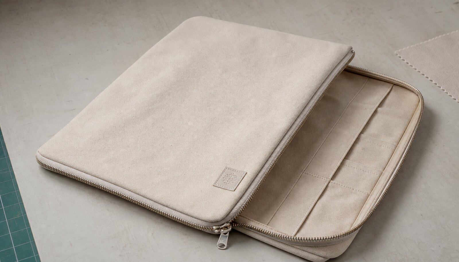 Natural canvas zipper portfolio with CTM/CottonToMaker side label shown in a clean factory sample room