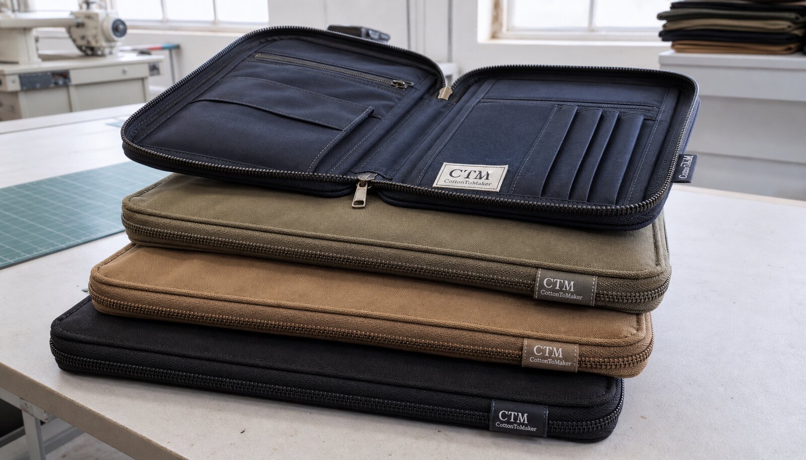 Canvas zipper portfolio sample with a sewn CTM CottonToMaker label in a factory sample room