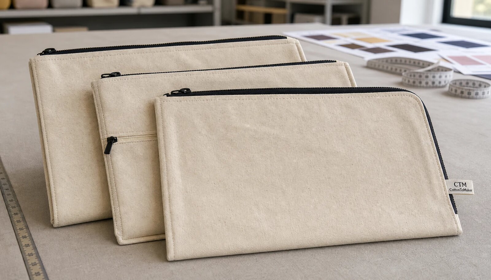 Natural canvas zipper portfolios with CTM CottonToMaker sewn label on a sample room table